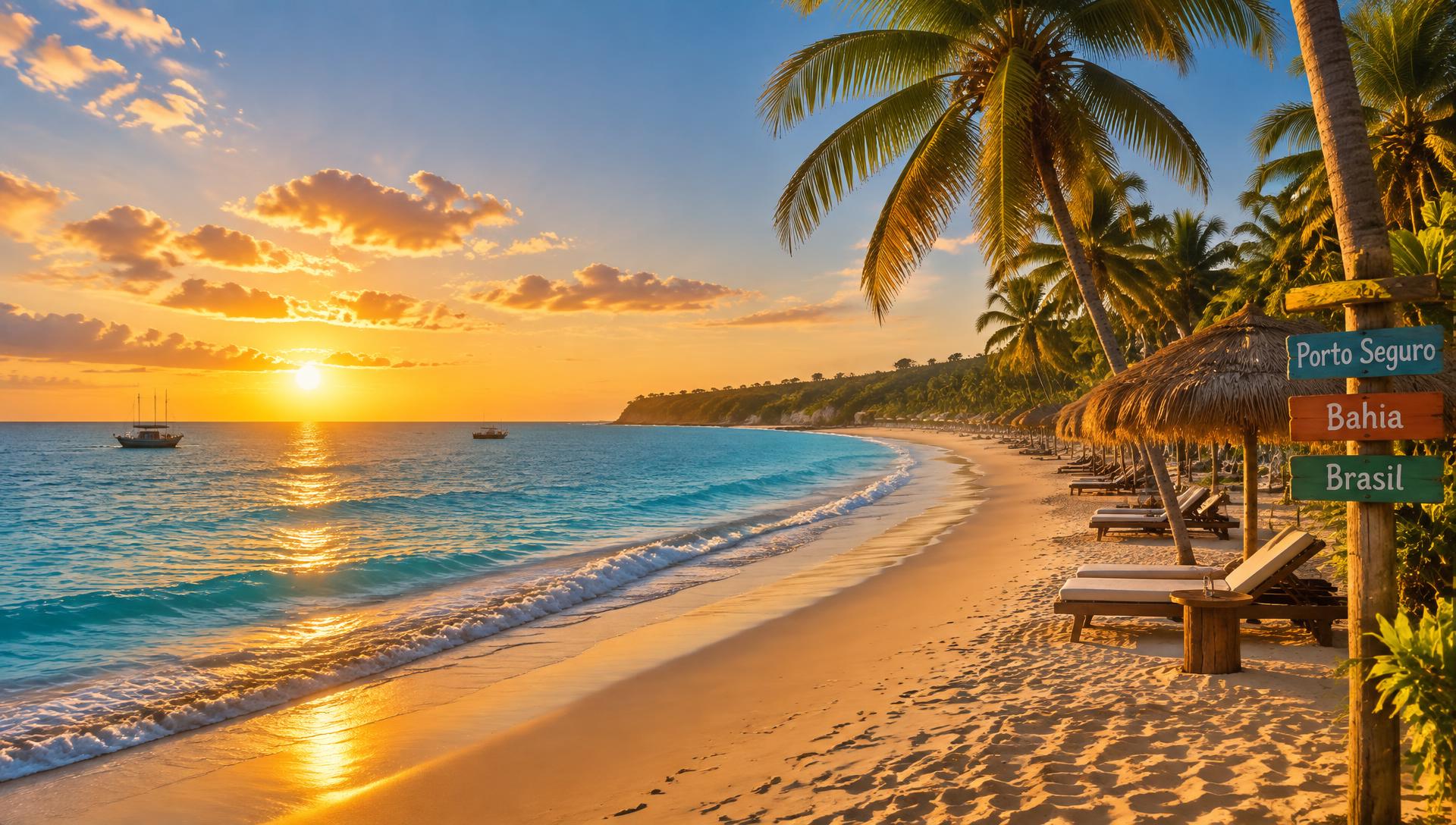 Praia de Porto Seguro na Bahia com mar turquesa e coqueiros ao fim da tarde